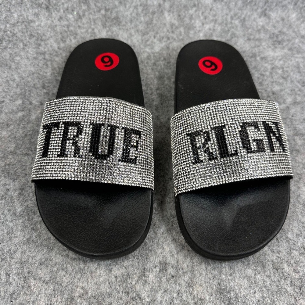 True Religion Meyer Pool Slides Womens Black Logo Sandals Slip On Size 6 - Picture 4 of 14